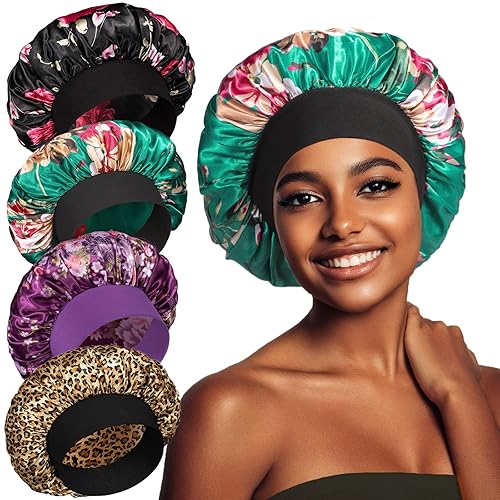 4 gorros de seda de satén para dormir, gorro de seda para dormir, capó para dormir para mujeres negras, gorro de seda de banda ancha para cabello