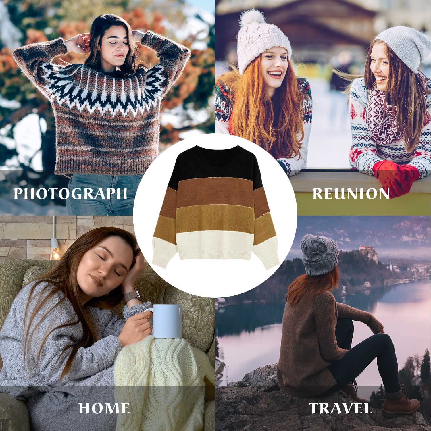 heekpek Pull Femme Chic Hiver Chaud Pas Cher Rayé Ample Mode Pullover | Col Rond Hauts Manche Longue Pull Tricoté