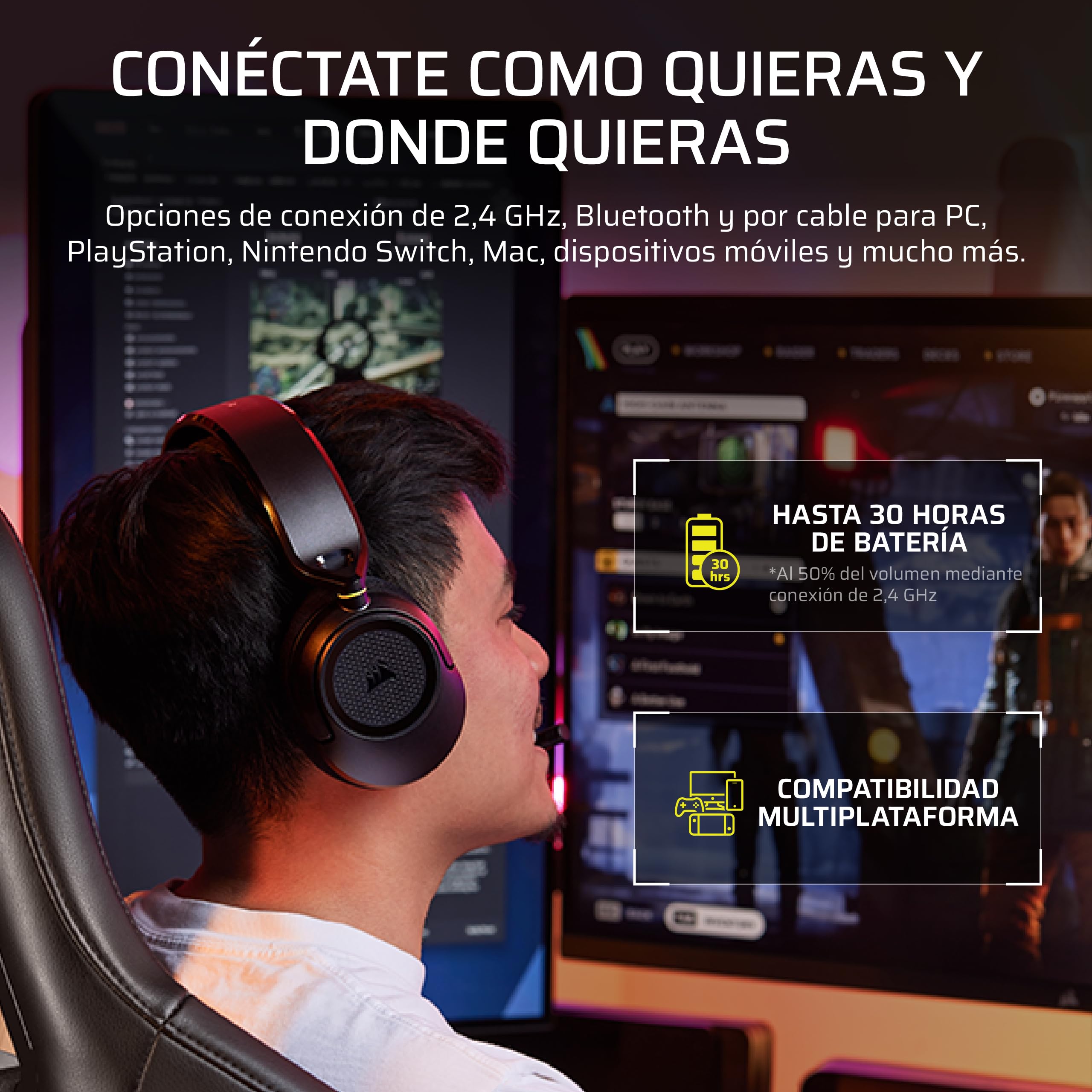 Corsair HS35 v3 Auriculares Inalámbricos para Videojuegos – Negro | 2,4 GHz y Bluetooth, Ligeros y Cómodos, Dolby Atmos - PC, PS5, PS4, Switch, Mac, Móviles