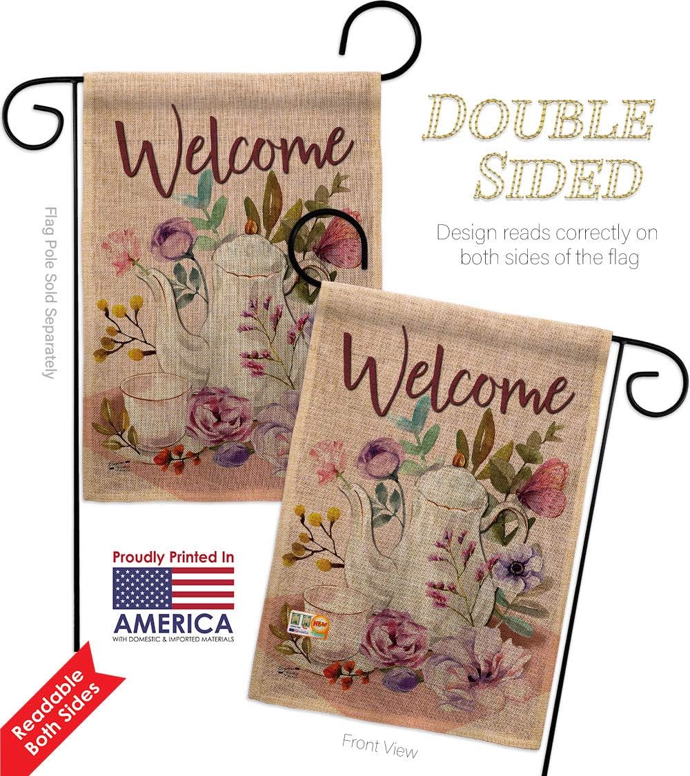 Garden Afternoon Tea Burlap Flag Set Wall Holder Beverages Coffee Latte Capucchino Expresso Drink Cream Cup Teapot Small Decorative Gift Yard House Banner Double-Sided Made In USA 13 X 18.5