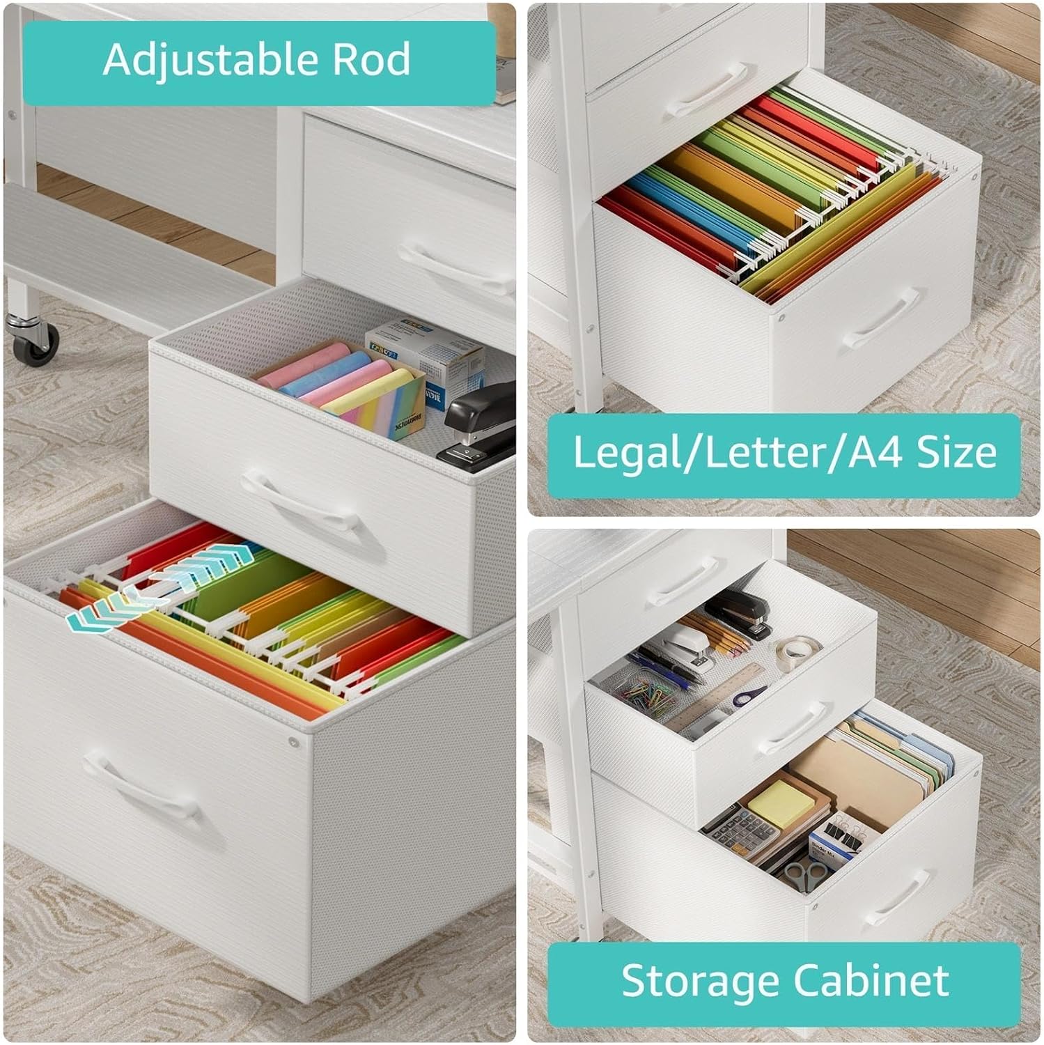 Rolling Teacher Desk with File Drawers - 47 Inch Mobile Computer Desk with Privacy Panels & 3 Storage Drawers on Wheels, White Office Desks Workstation for Classroom & Home Office