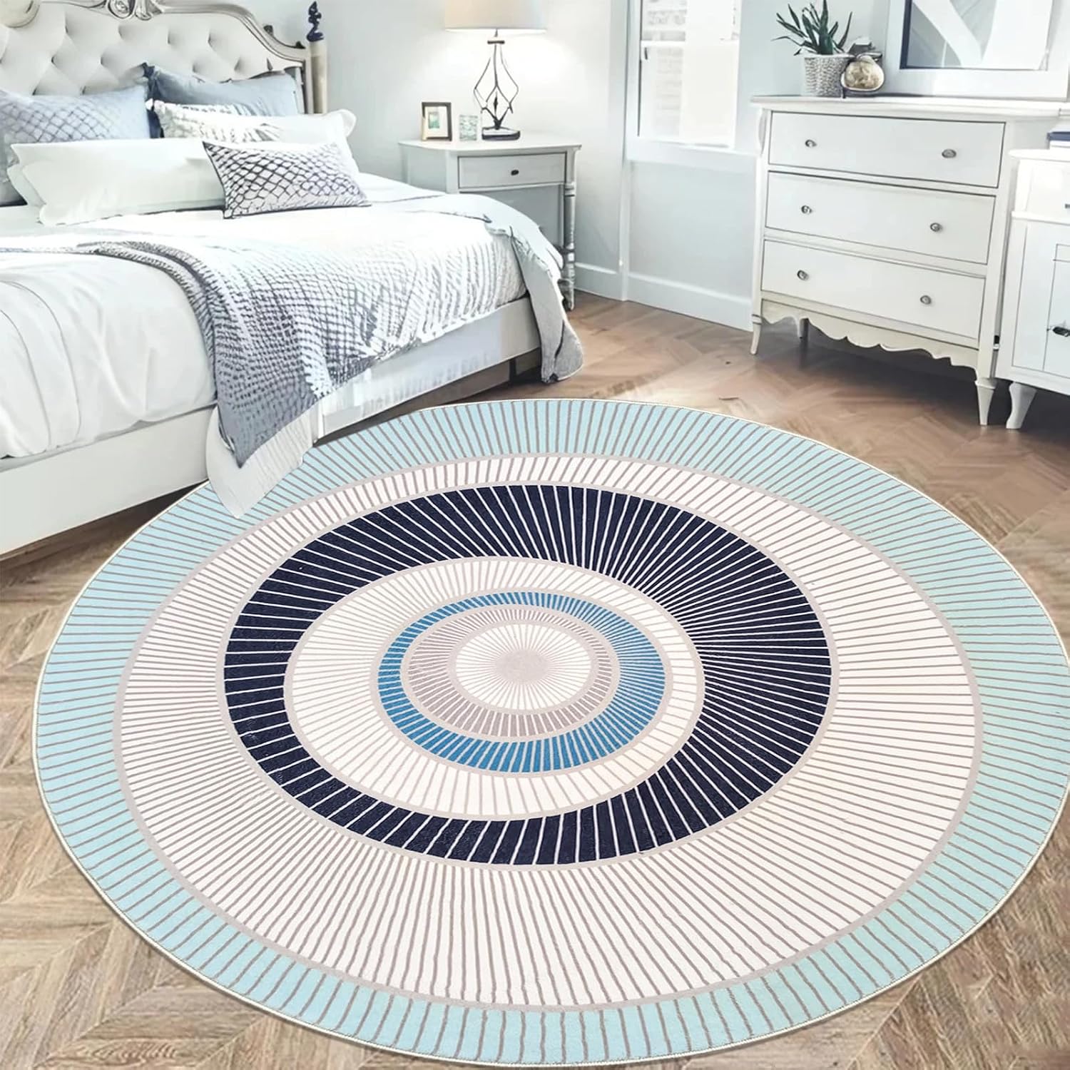 Modern Rug Carpet 6Ft Round Abstract Floor Mat for Bedroom Living Room Kids Nursery Room Farmhouse, Circle Contemporary, Chic Geometric, Soft, Large, Washable, Indoor Decor, Green/Blue