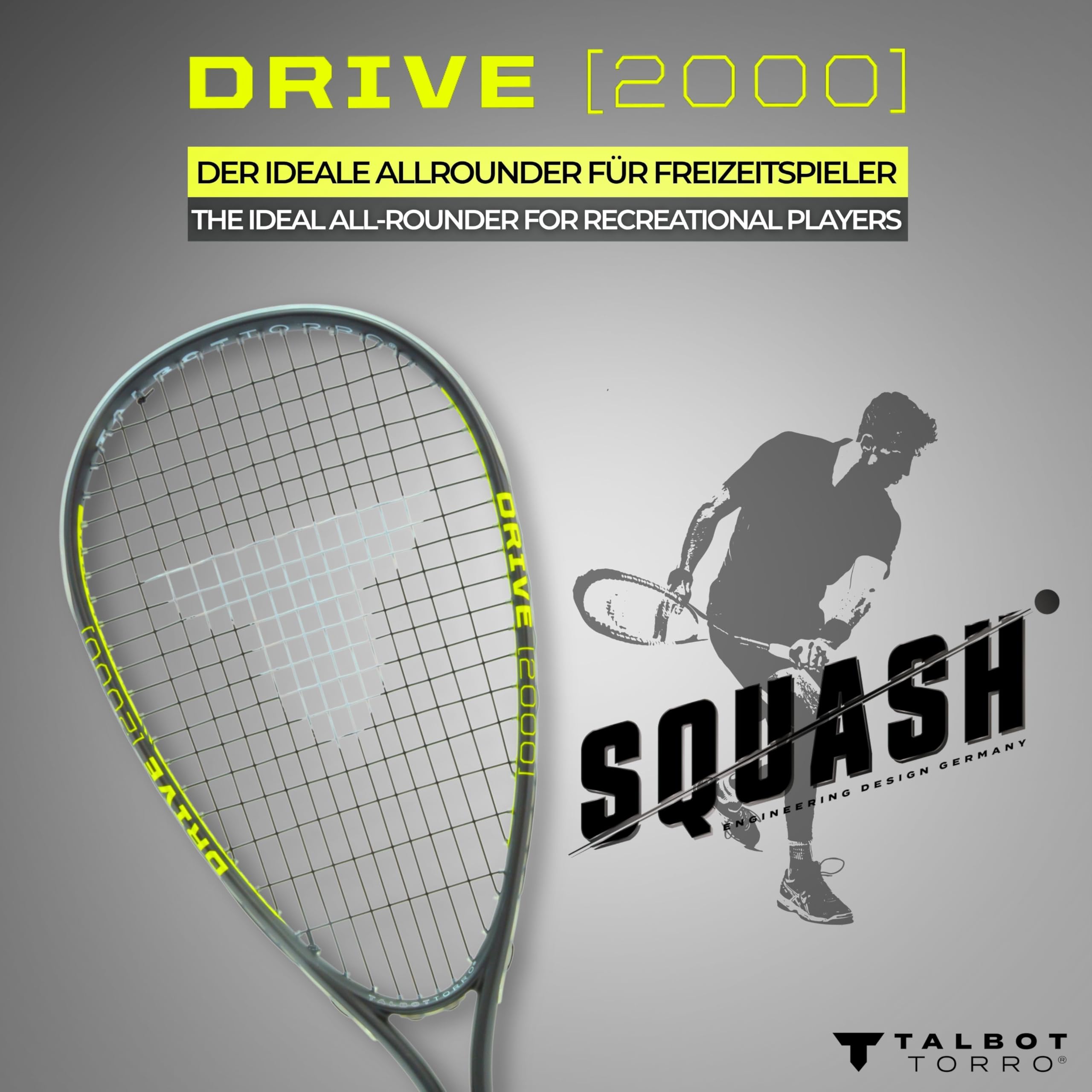 Talbot-Torro Squashschläger Drive 2000 - Leichter Allround-Schläger - Für Einsteiger & Freizeit - Graphit-Composite Rahmen - besaitet & spielbereit