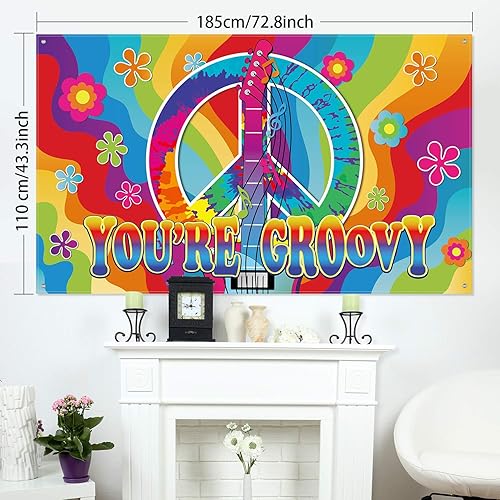Miniatura 2 de Blulu Decoración de fiesta hippie retro de los años 60, pancarta de fondo hippie bohemio de 73 x 44 pulgadas, letrero temático bohemio, decoración