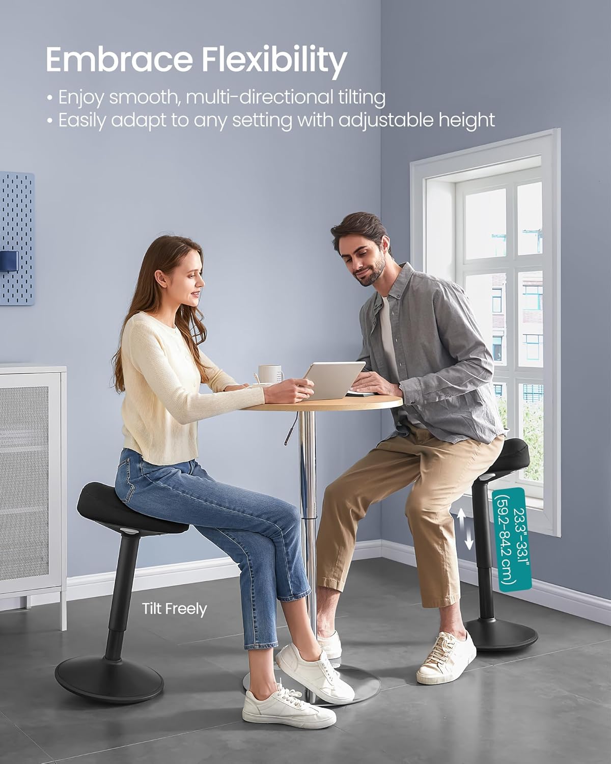 SONGMICS Ergonomic Wobble Stool, Height Adjustable Standing Desk Stool 23.3-33.1 Inches, Swivel Balance Chair with Non-Slip Base, Saddle Seat, for Active Sitting, Office, Home, Ink Black UOSC008B01