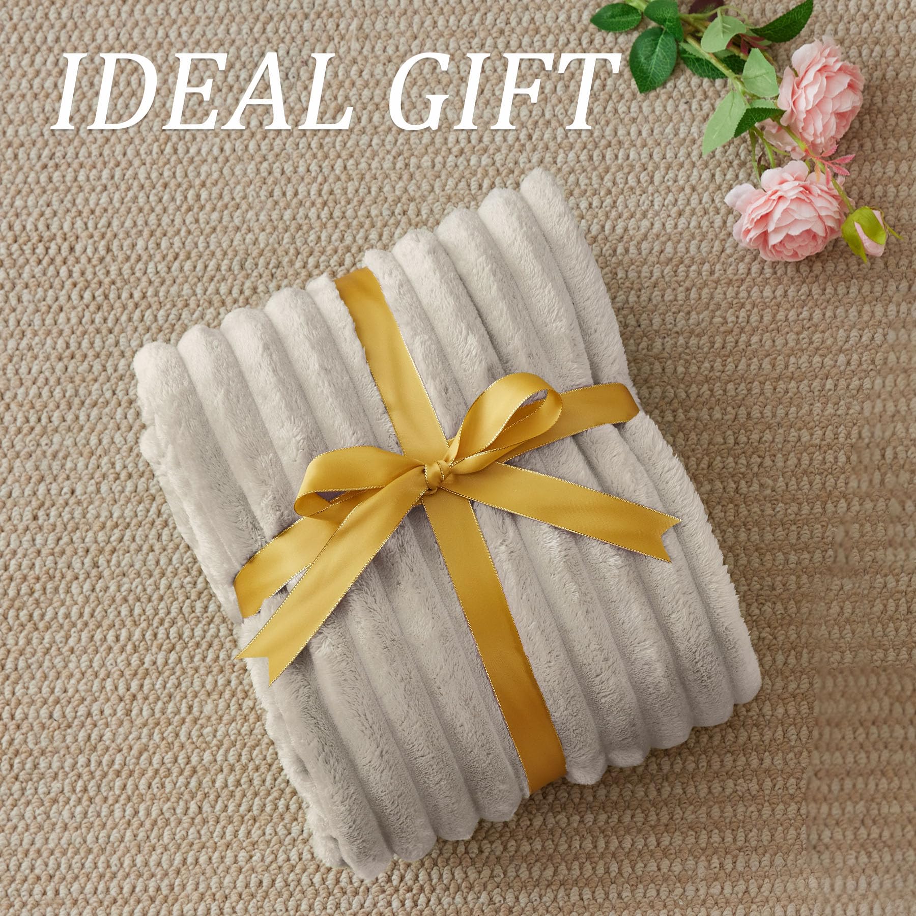 BEDELITE Fluffy Fleece Throw Blanket, Striped Decorative Soft Warm Gift for Sofa Bed Couch, Throw Size, Linen Beige — view 5