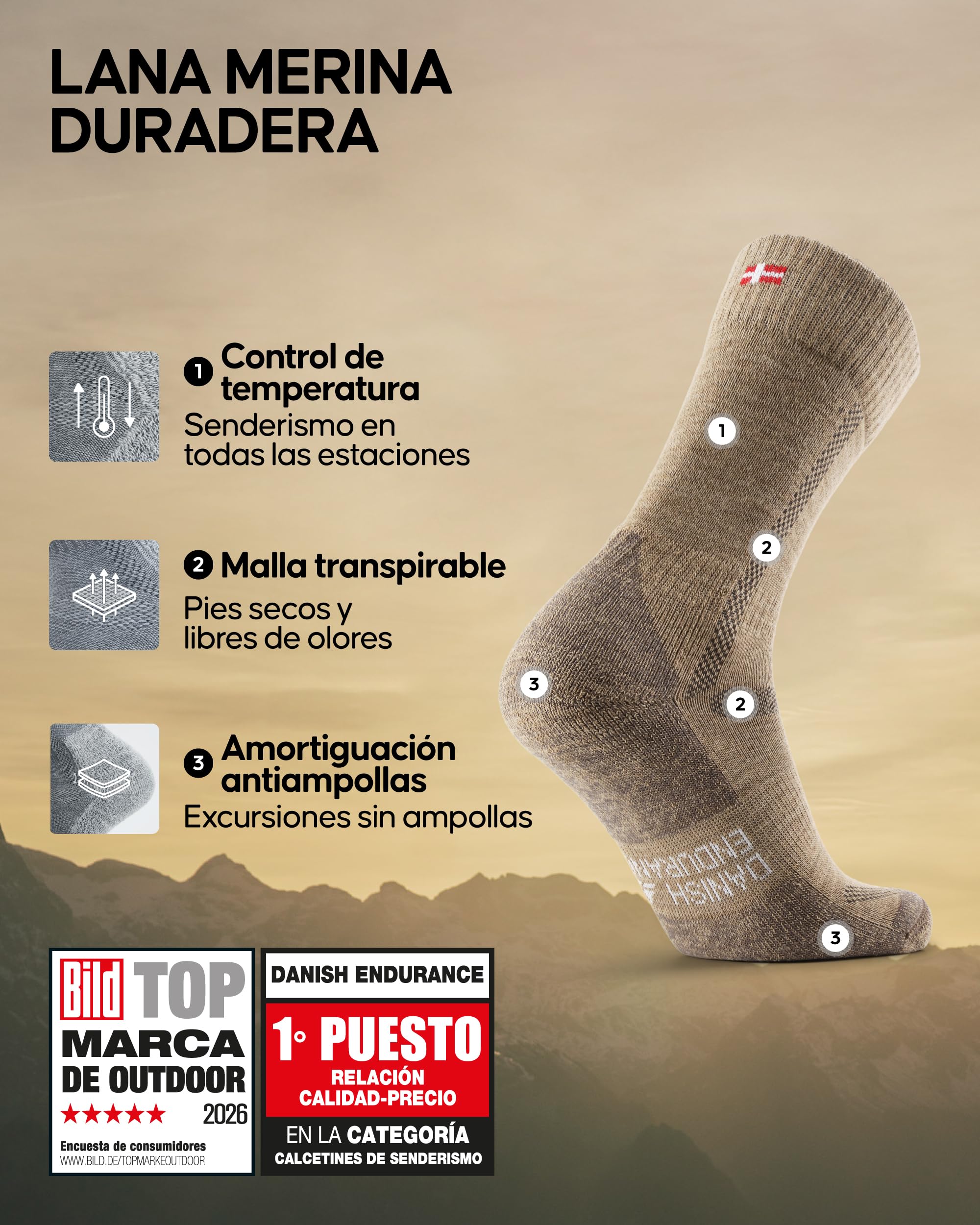 DANISH ENDURANCE Calcetines Senderismo Lana, 3 y 5 Pack Beige 39-42 | Calcetines de Senderismo de Lana Merino, Cálidos y Acolchados Contra Ampollas, para Trekking y Largas Jornadas, Unisex