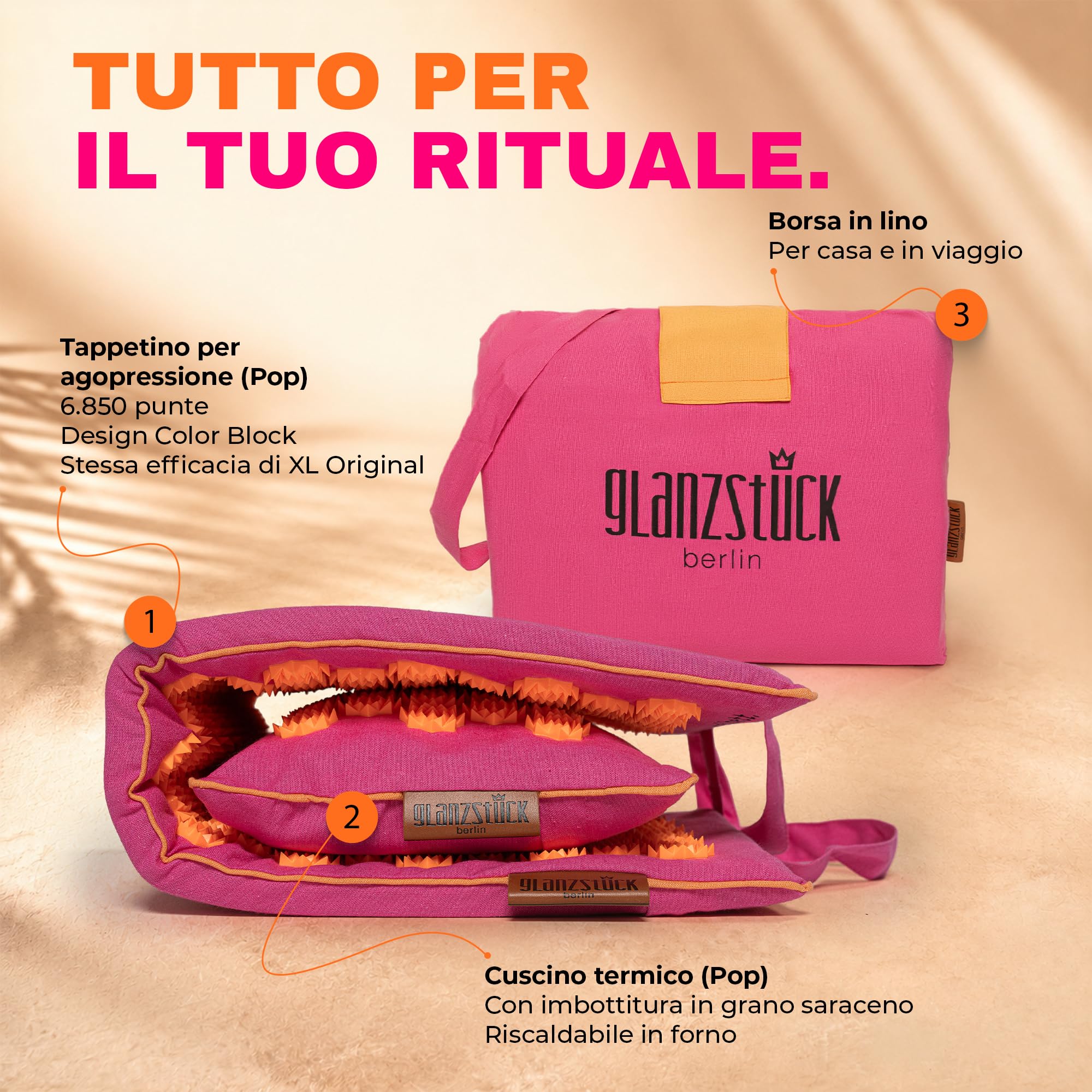 Glanzstück Berlin® Health Collection: Set di tappetini per agopressione XL Original Color in lino, aiuto in caso di tensioni, mal di schiena, tappetino massaggiante con cuscino (funzione termica) e