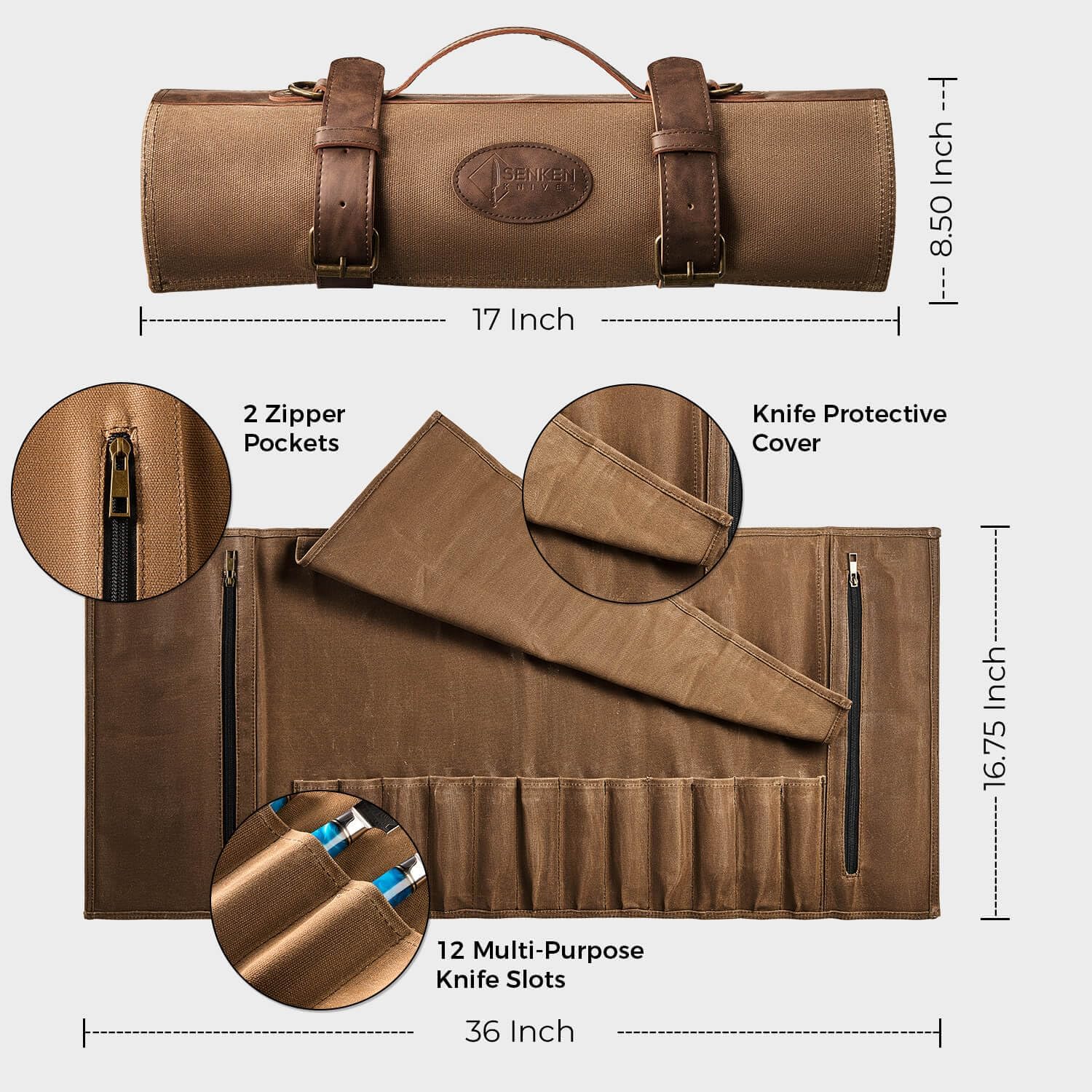 SENKEN Leather Waxed Chef Knife Roll Bag - Heavy Duty Kitchen Knife Carrying Case with Shoulder Strap - 12 Knife Slots + 2 Zipper Pockets for 14 Total Slots
