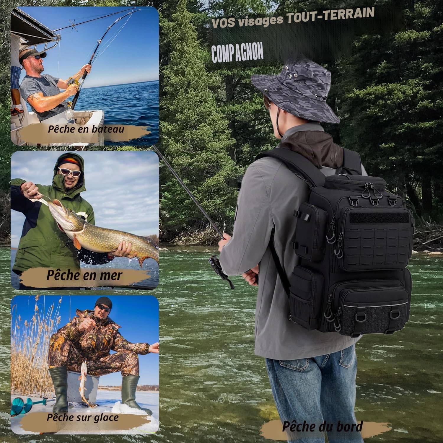 Sac à Dos de Pêche 50L avec Supports de Canne & Compartiment Réfrigéré Résistant à l'eau Sac de Rangement pour Accessoires de Pêche pour équipement de Pêche (Noir avec 4 Boîtes)