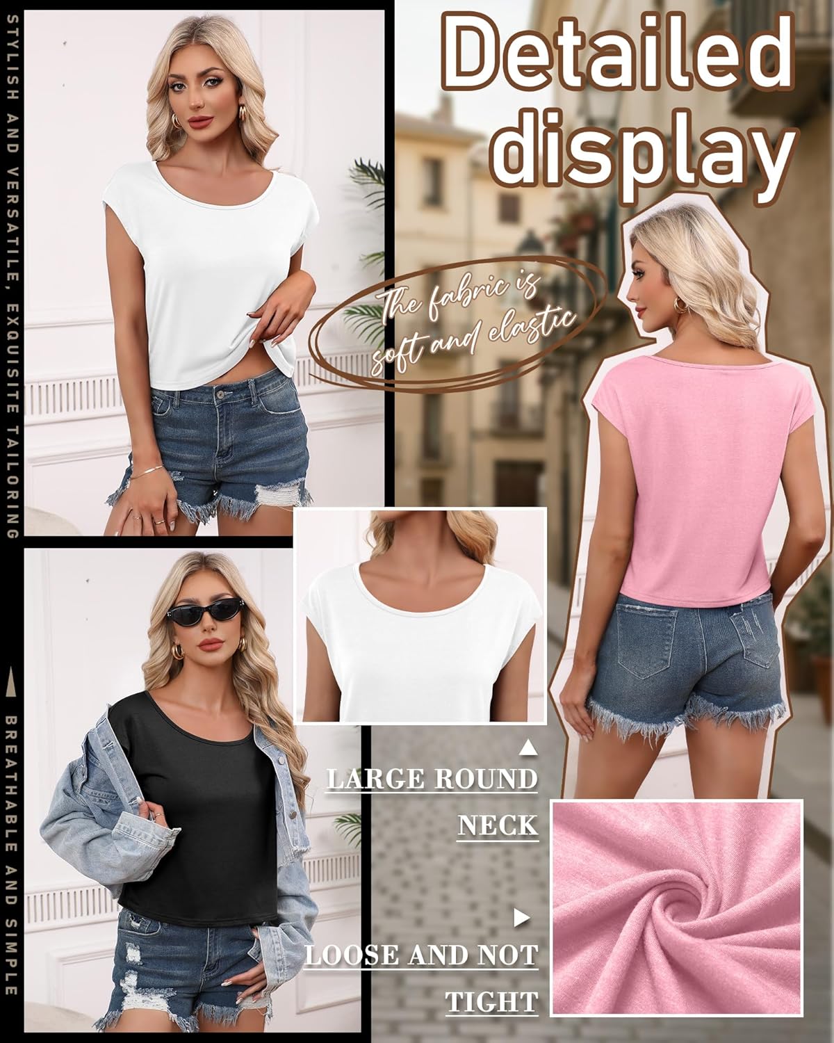 3 Pack Womens Cap Sleeve Tops Crop Loose Fit Round Neck Shirts Baggy Basic Casual Knit Tees Summer - Image 6