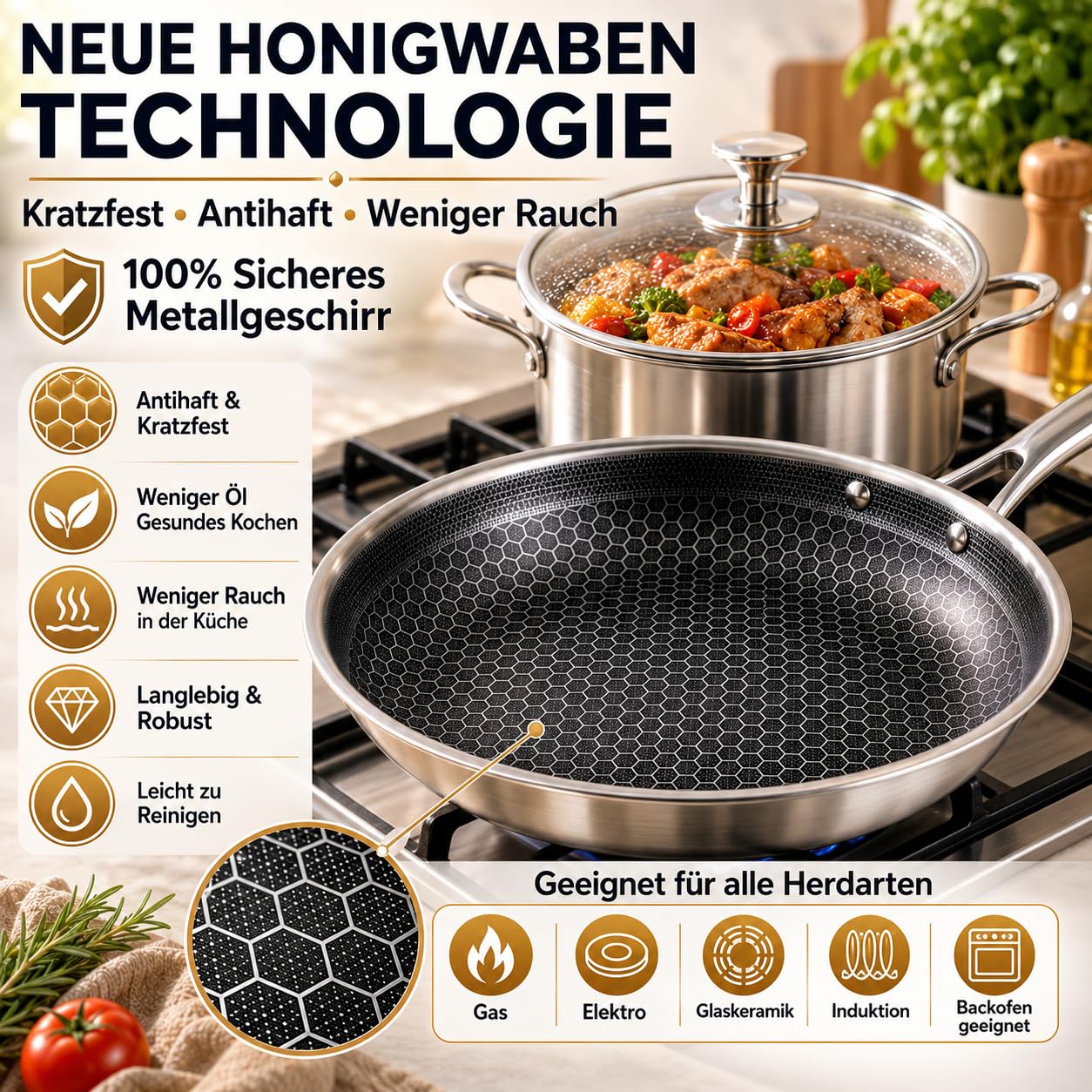 Royal Swiss Pfannenset Edelstahl 12-teilig, Kochgeschirrset mit Honeycomb Antihaftbeschichtung, 3 Töpfe, 3 Pfannen, Wok, Glasdeckel, Induktion Gas Elektro Ceran, sets cookwear, non stick toxic, cool