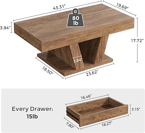 Miniatura 2 de Mesa de centro de granja con 2 cajones laterales, mesa de té central de madera de 43 pulgadas con almacenamiento oculto, mesa de cóctel rectangular