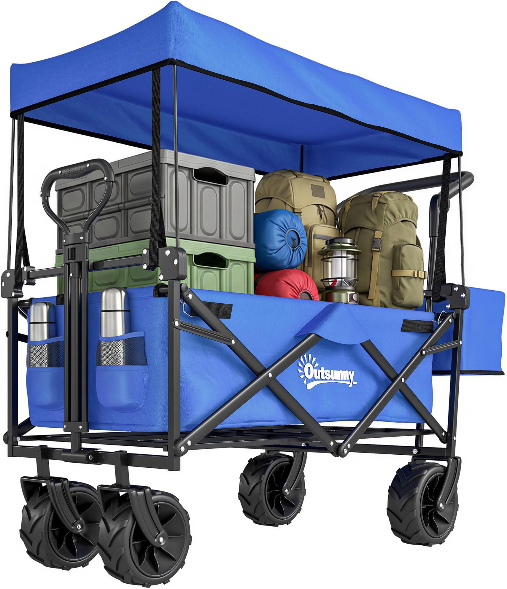 180L Festival Trolley on Wheels, Push Wagon Beach Cart Blue | Push & Pull, Removable Canopy, Wide All-Terrain Wheels, Folding Camping Trolley Cart, Adjustable Handle
