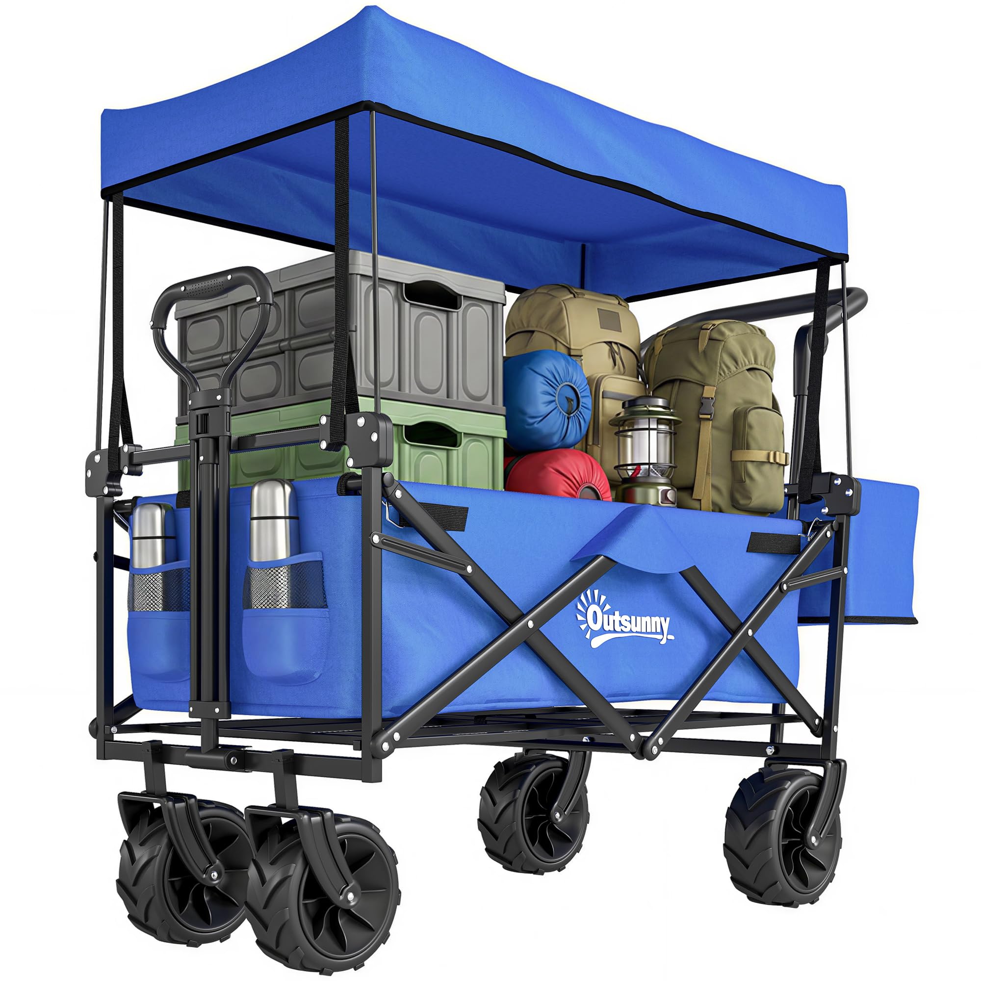 Outsunny Carro Transporte Plegable Ruedas Universales 117x55x98 cm Azul | Carro de Mano Plegable, Toldo, Manillar Regulable en Altura, Carga Máx. 68 kg, Carro Playa Plegable, Jardín Camping