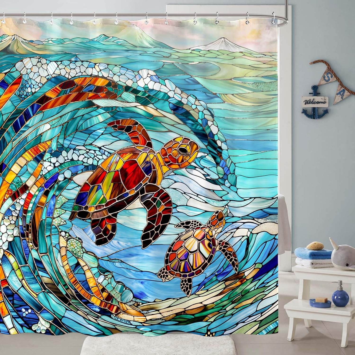 Turtle Shower Curtain Stained Glass Shower Curtain Blue Shower Curtains for Bathroom Wave Shower Curtain Set with 12 Hooks SeaTurtles-02 72×72 Inches