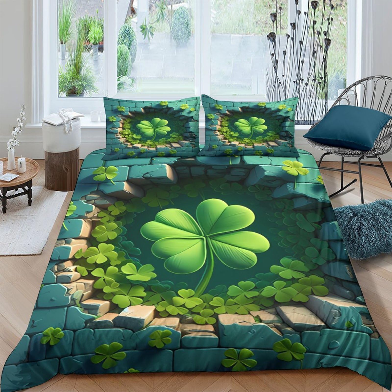 Ctjqhvkz Style-1 3D Printed Shamrock Clover Fitted Sheet Microfiber Soft Green Bed Cover For Bedroom Dorm Mattress Decor Single（135X200cm）