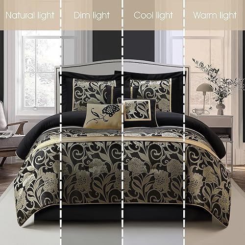 Miniatura 5 de Grand Avenue Juego de edredón floral jacquard, juego de ropa de cama de 7 piezas, tamaño California King, color negro, almohadas y fundas a juego,