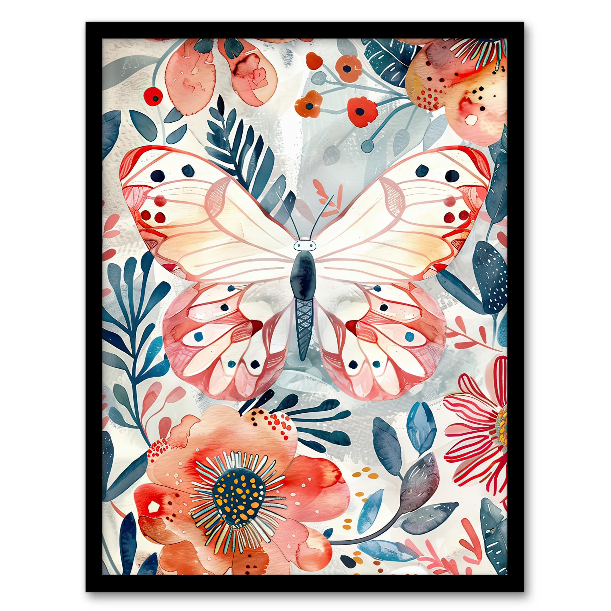 Artery8 Butterfly Red Blue Floral Watercolour Folk Art Kids Bedroom Nursery Artwork Framed Wall Art Print 18X24 Inch