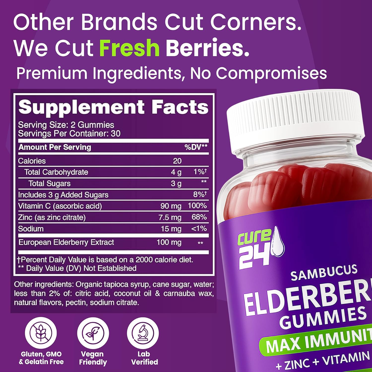 Sambucus Elderberry Gummies + Vitamin C + Zinc for Kids & Adults, X3 Immune Support, Natural Flavors + Ingredients, Vegan, Non-GMO, Made in USA (60) - Image 4