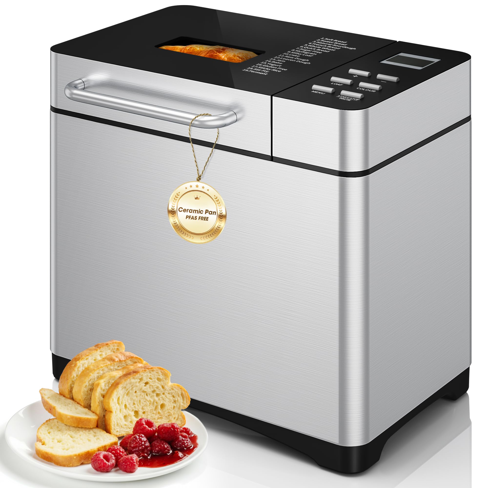 Manastin 19-in-1 Bread Maker Pro, 2LB Bread Machine with Fruit and Nut Dispenser, Stainless Steel Housing, Nonstick Baking Pan, 2 Pound Bread Maker Machine, Ideal Kitchen Gift for Home Bakers
