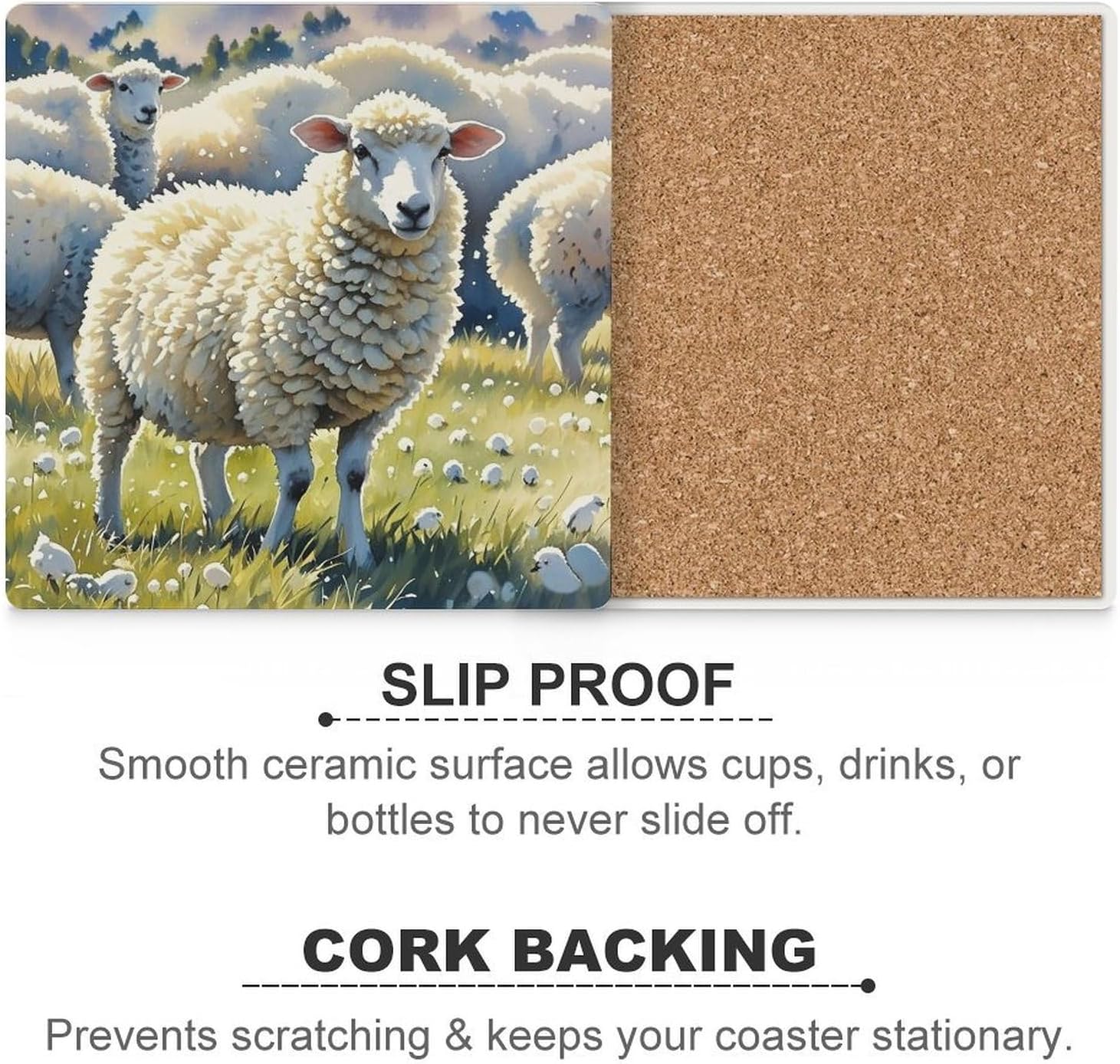 Sheeps Watercolor Coasters Absorbent Ceramic Coasters for Drinks Coaster with Cork Backing for Table Protection Square Drink Cup Mat Modern Style Coaster for Coffee Table
