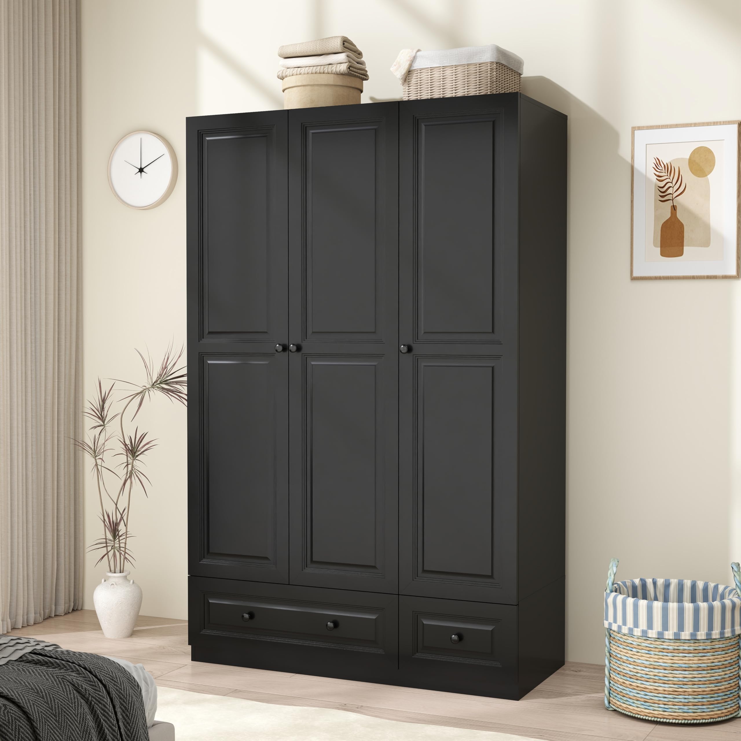 Black 3 Door Wardrobe Closet: Bedroom Armoire with 2 Drawers, Wooden Closet for Hanging Clothes, Wood Cabinet with Shelves for Clothes Storage (Black, 47")