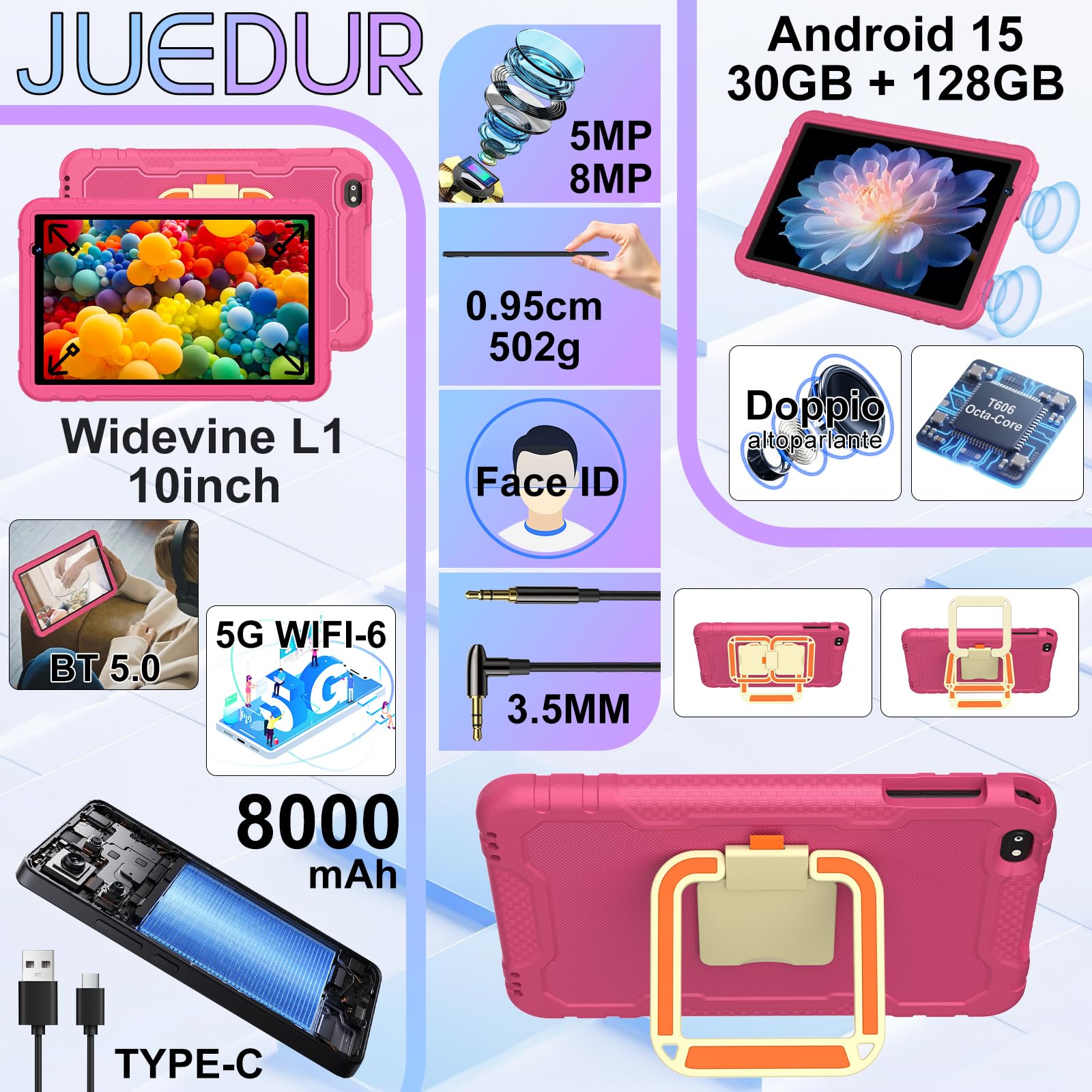 Tablet bambini 10 Pollici Android 15 con Gemini AI, 30 + 128GB, Octa-Core, WiFi 6, BT 5.0, Widevine L1, 8000mAh, Controllo Parentale, Custodia protettiva EVA antiurto + Staffa girevole a 360° - Rosa