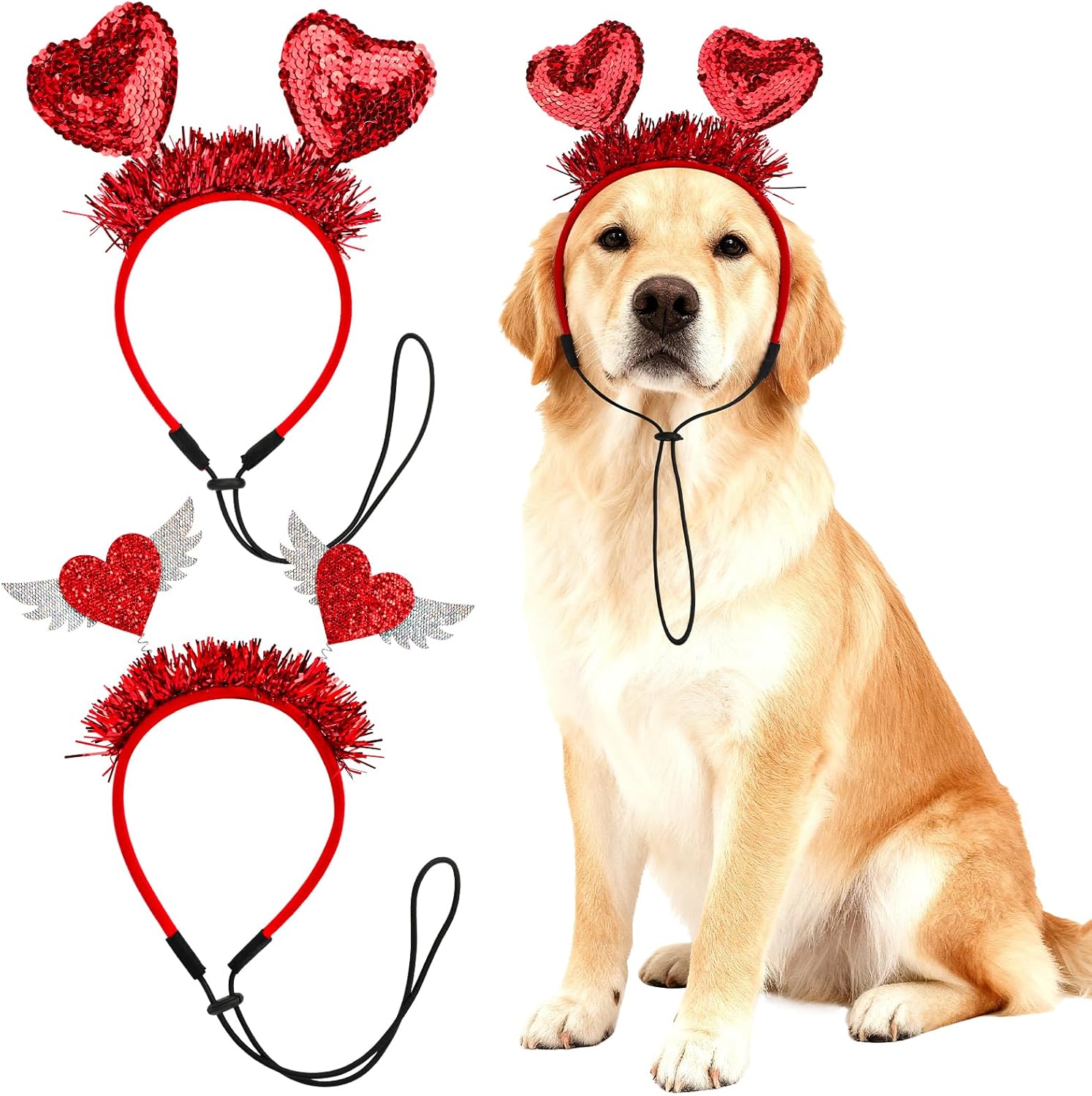 2PCS Valentine's Day Dog Headband Red Sequin Heart Headband, Valentines Day Pet Outfit Hair Accessories for Small Medium Dogs