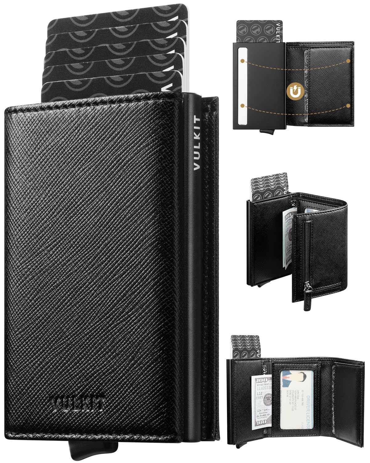 Credit Card Holder RFID Blocking Mens Leather Bifold Card Wallet Automatic Pop Up for 9 Cards with ID Window & Coin Pocket