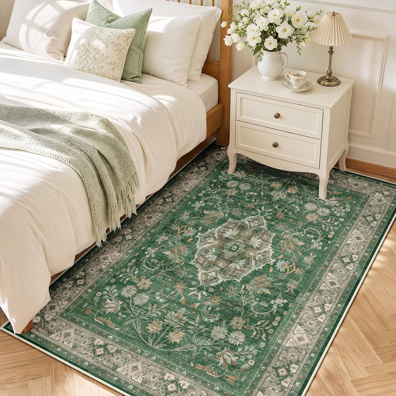  5x7 Area Rug Living Room, Vintage Washable Carpet Green thumbnail