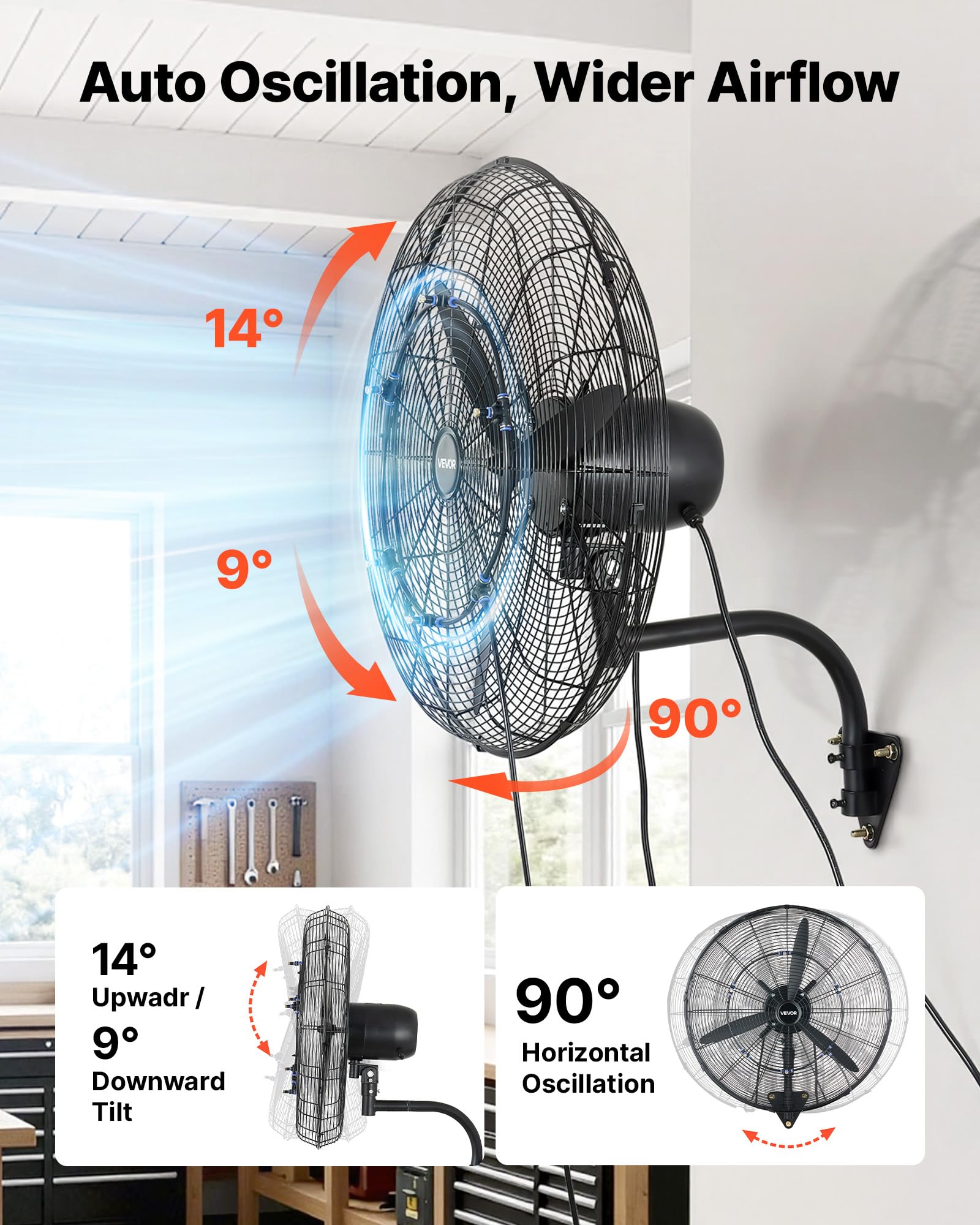 VEVOR Ventilador de Pared con 3 Velocidades, Nebulización, Motor de Cobre, IP44, Ángulo Ajustable, Ventilador Industrial Oscilante de Acero al Carbono para Exterior, Taller, Invernadero, Ganadería