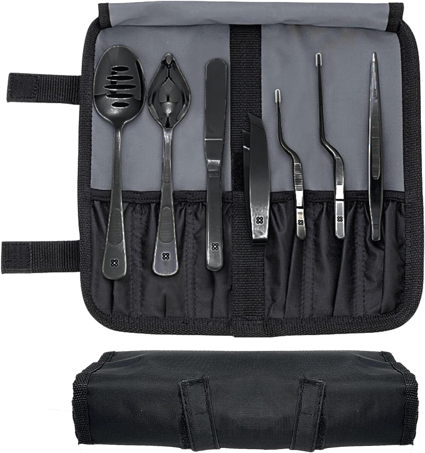 – DOJA Barcelona Chef Plating - Kit Colour: Black - 7Pc Professional Culinary Plating Tools Set Tweezers, Slotted Spoon, Fish Deboning Tweezers, Chef Art Pencil and Spatula for Artful Presentation