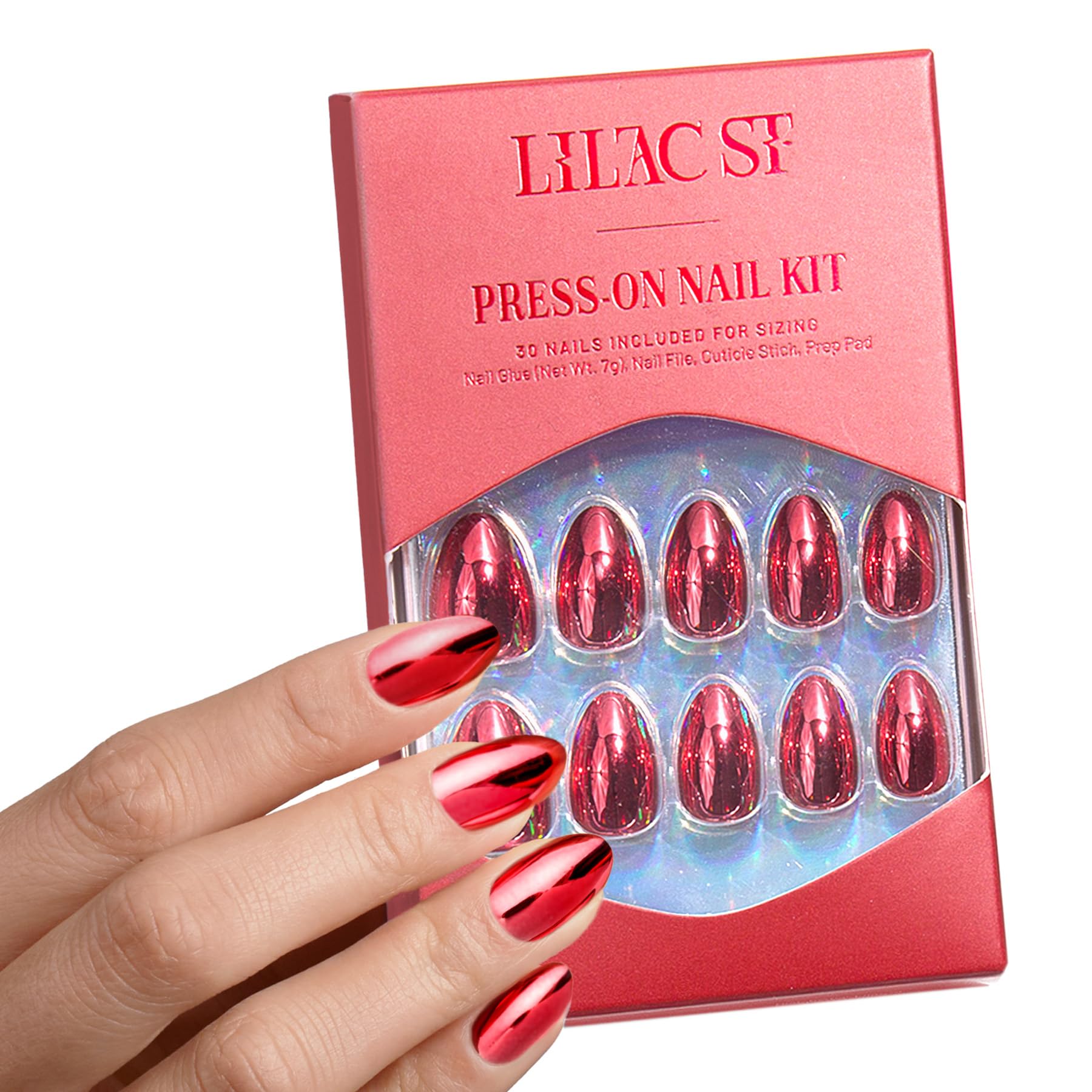 Lilac St - Press on Nails, Cherry Plated (30 Nails, 15 Sizes) - Short, Almond, Chrome + Glossy, Opaque - Brush-On Nail Glue, Nail File, Cuticle Stick,