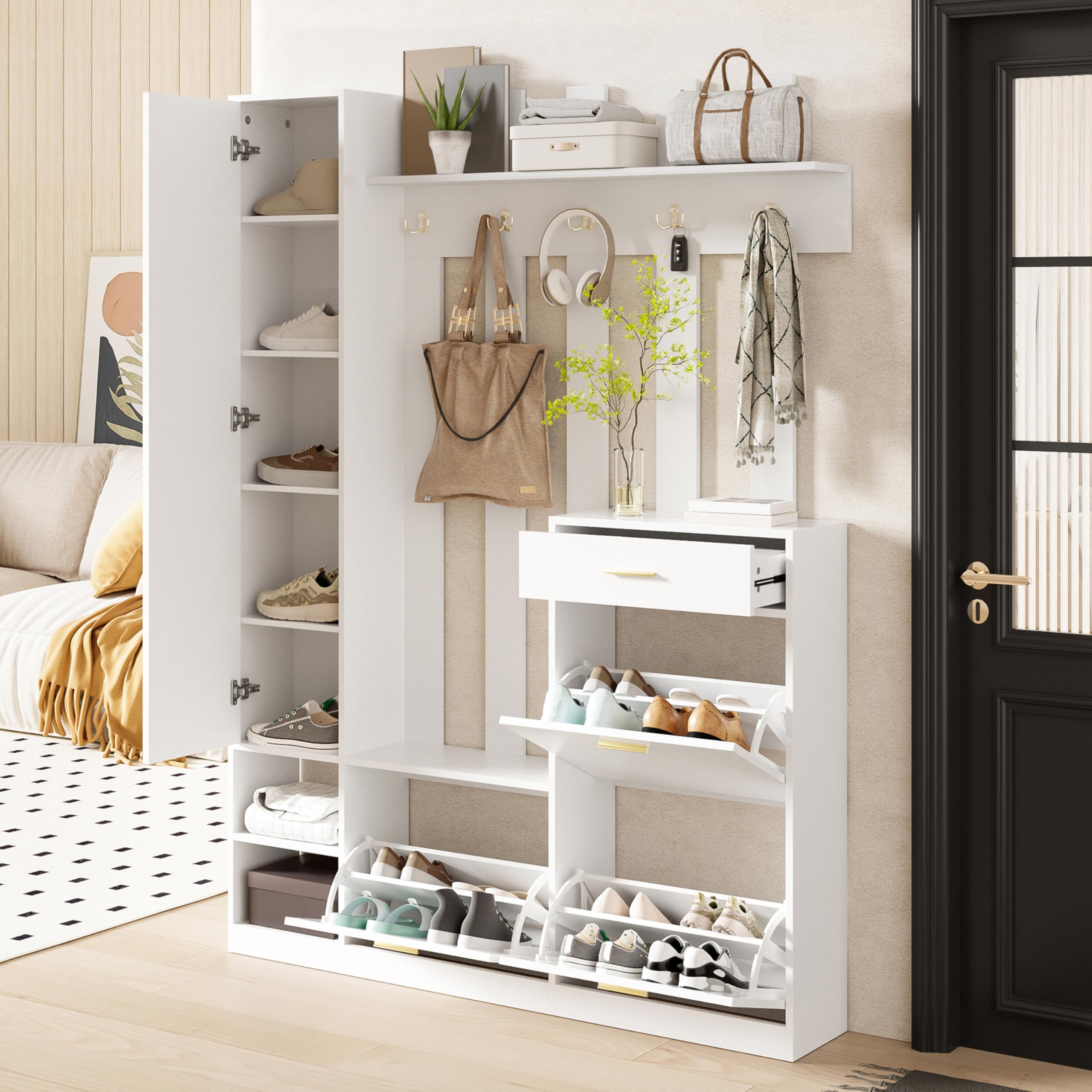 133 x 23,5 x 180 cm, set di guardaroba per corridoio, con specchio, 3 scarpiere, 1 cassetto e molti ganci, per corridoio, ingresso (bianco)