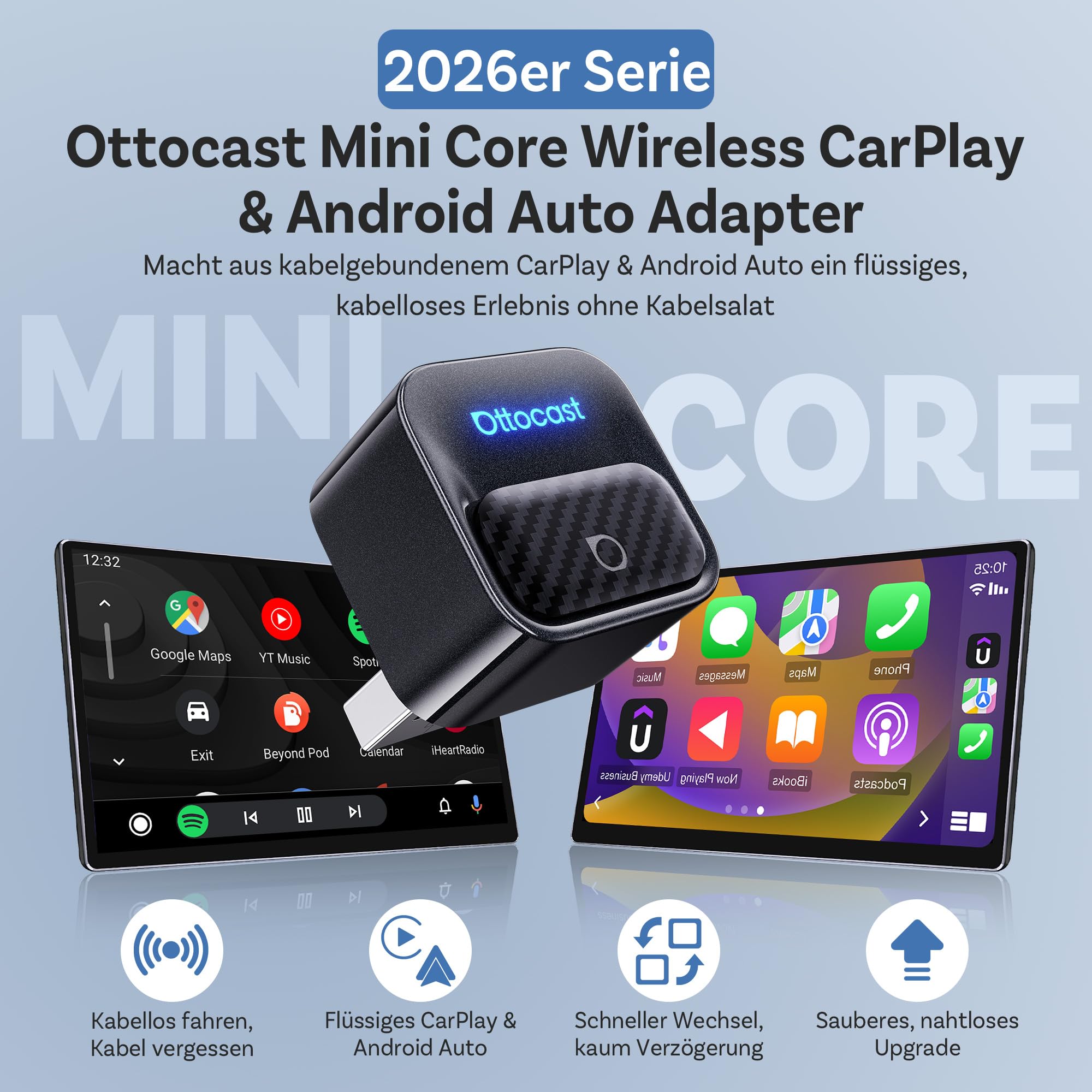 OTTOCAST Mini Core 2-in-1 Kabelloser CarPlay & Android Auto Adapter, Micro Mini Cube Wireless Car Dongle mit Smart-Switch-Taste, Wi-Fi 6 & Bluetooth 5.4, Automatische Verbindung für 98% der Fahrzeuge