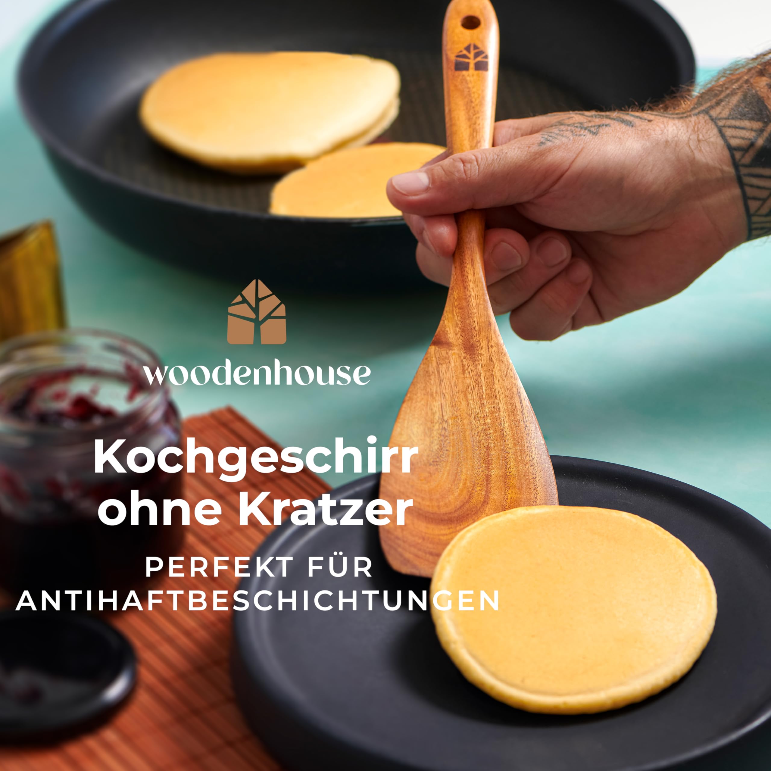 Holz kochlöffel Set 12 Stück aus Teakholz - Robuste Holzlöffel Set mit Halter, Haken und Ablage, Pfannenwender Holz & Kochbesteck - Natürlich & Perfekt für Antihaft, BPA-FREI küchenhelfer