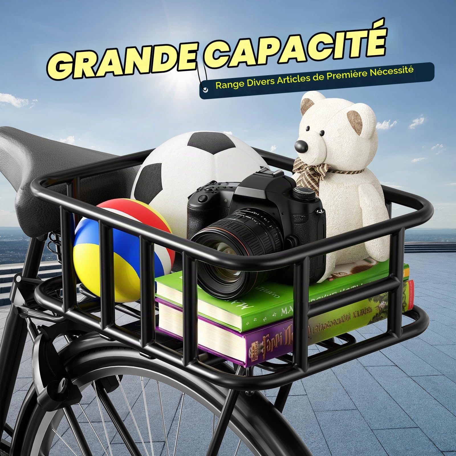 Panier Velo Arriere pour vélo,Carbone épais,Charge maximale 30 kg, Panier avec Doublure étanche et Filet élastique, résistant à la Rouille et aux intempéries, Compatible vélo et vélo électrique