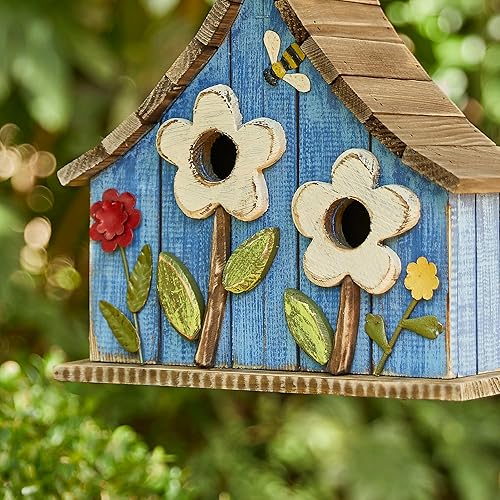 Miniatura 15 de Glitzhome Casas para pájaros para exteriores, casa de pájaros de madera maciza envejecida de gran tamaño de 15 pulgadas de largo con flores 3D