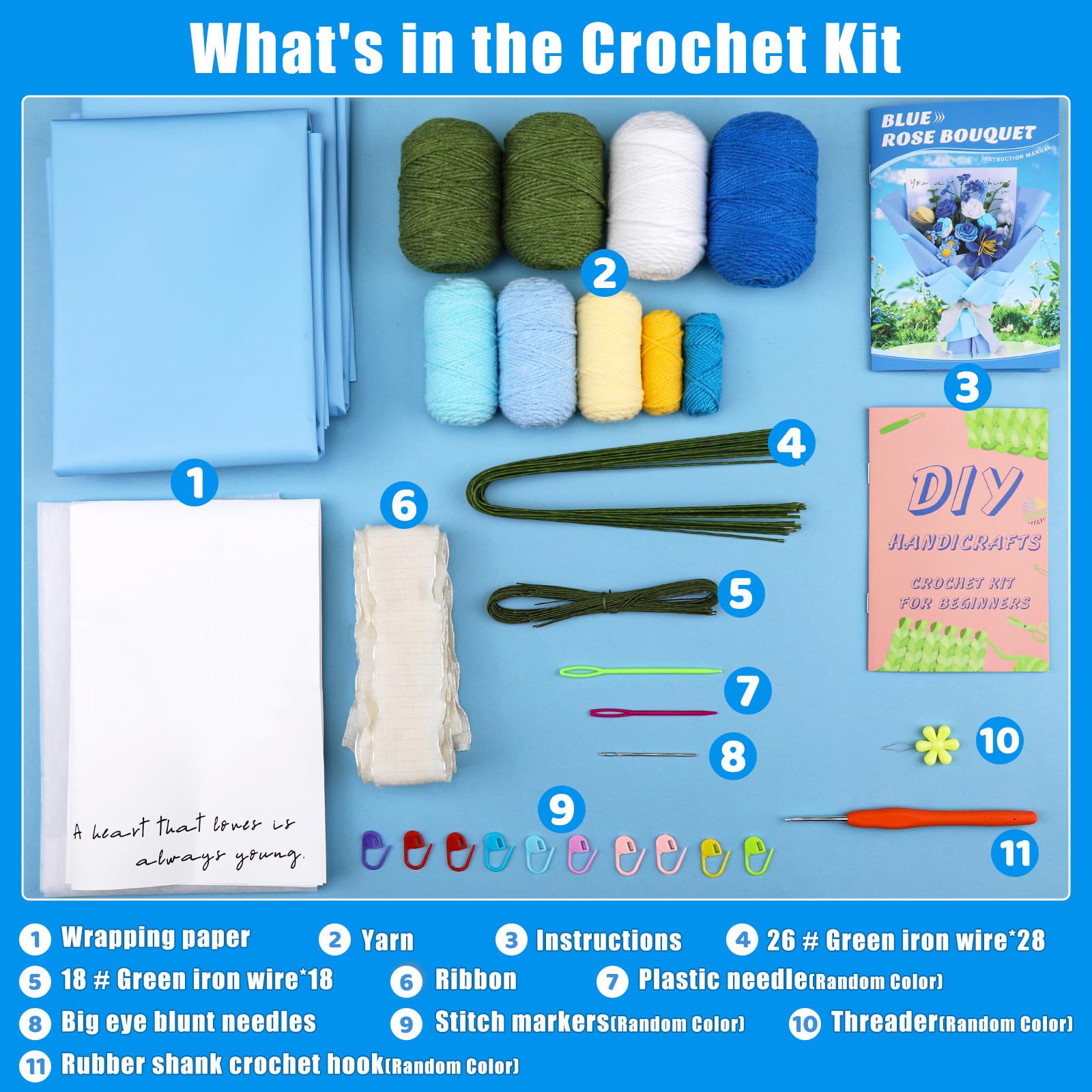 ENCHOL Crochet Kit for Beginners Adults Blue Rose Bouquet Beginner Crochet Kit - Image 2