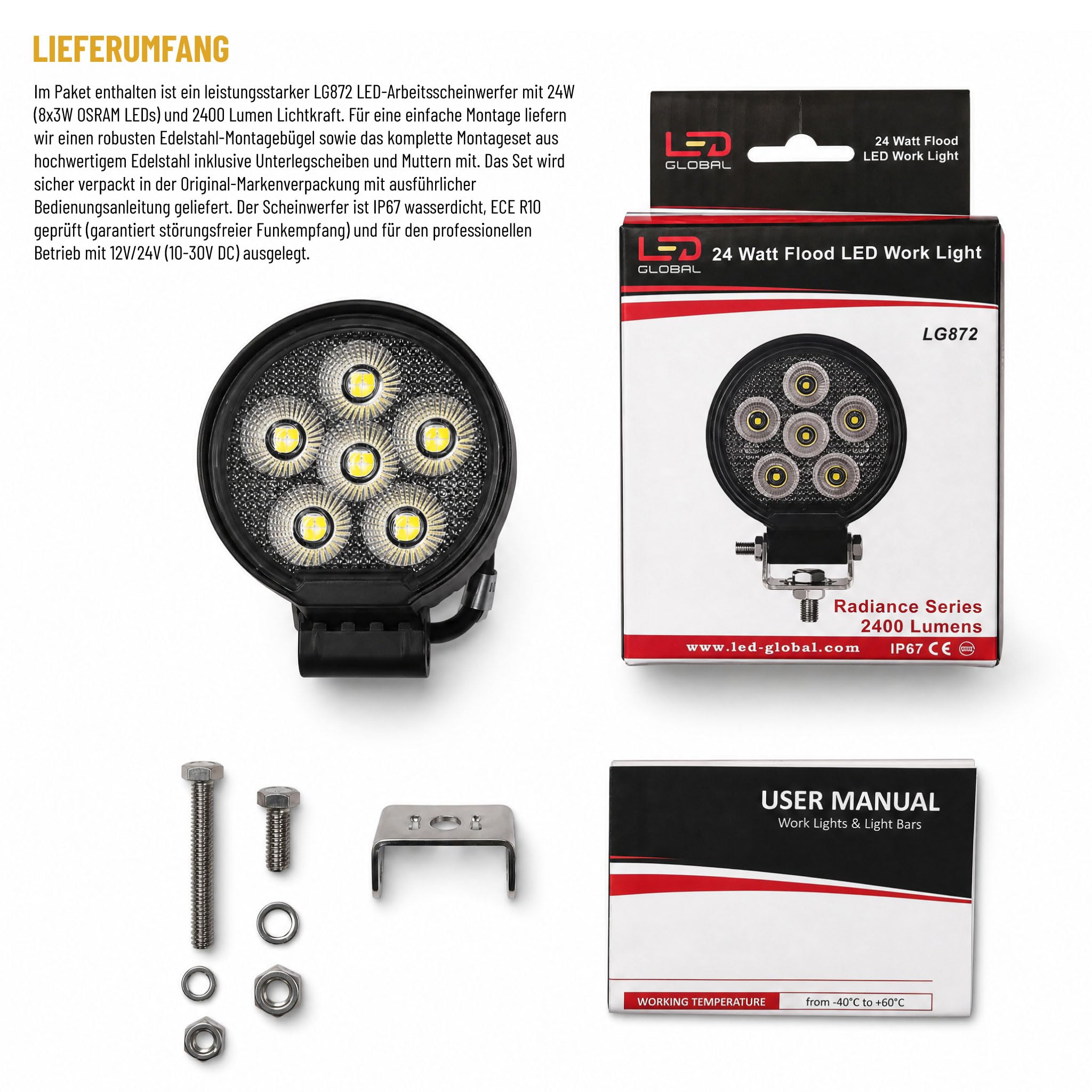 Arbeitsscheinwerfer LED 12V 24V für Traktor LKW Bagger, Rundes LED Arbeitslicht 24W 2400 Lumen Flutlicht, IP68 Wasserdicht, ECE R10, Aluminium Gehäuse, 6000K Kaltweiß