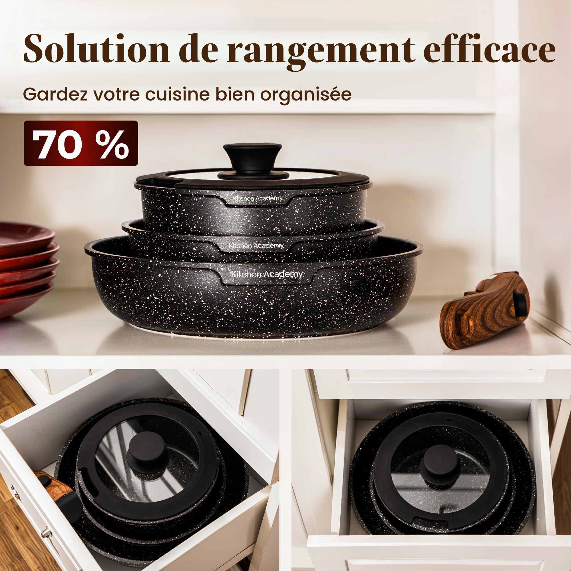 Kitchen Academy Set de Cuisine 10 PCS, Poêles Casseroles à Poignée Amovible | Batterie de Cuisine Tout Feux, Revêtement Antiadhésif en Granit Empilables Convient aux Camping-Cars et au Camping