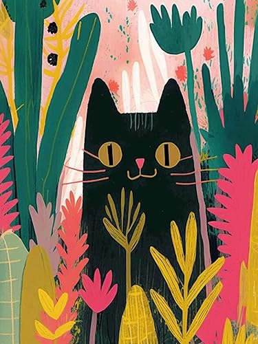 Ginfonr Kits de arte de diamantes 5D para adultos, pintura de diamante de hierba de gato negro para adultos, animales de arte de diamantes de