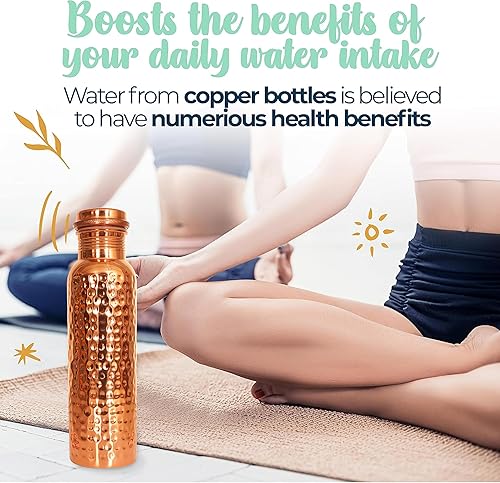 Miniatura 2 de Botella de agua de cobre puro de 34 onzas hecha a mano a prueba de fugas para beber beneficios de salud ayurvédica martillada para deportes,