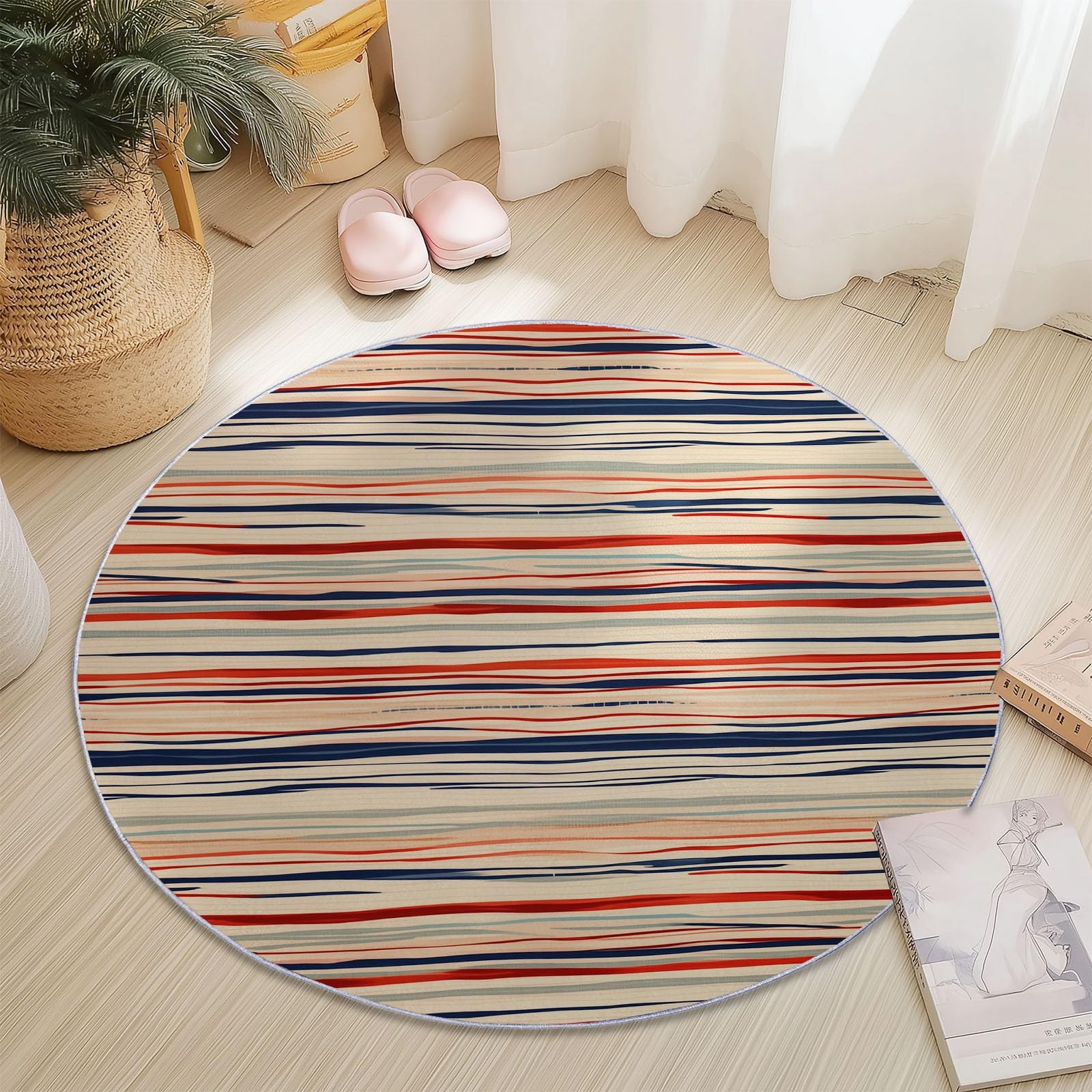 Tappeti Rotondi per Soggiorno, 120 cm, Stile Bohémien, a Righe Orizzontali, Lavabili, per Camera da Letto, Tappeto a Pelo Corto, Sottile, Antiscivolo per Sala da Pranzo, cameretta