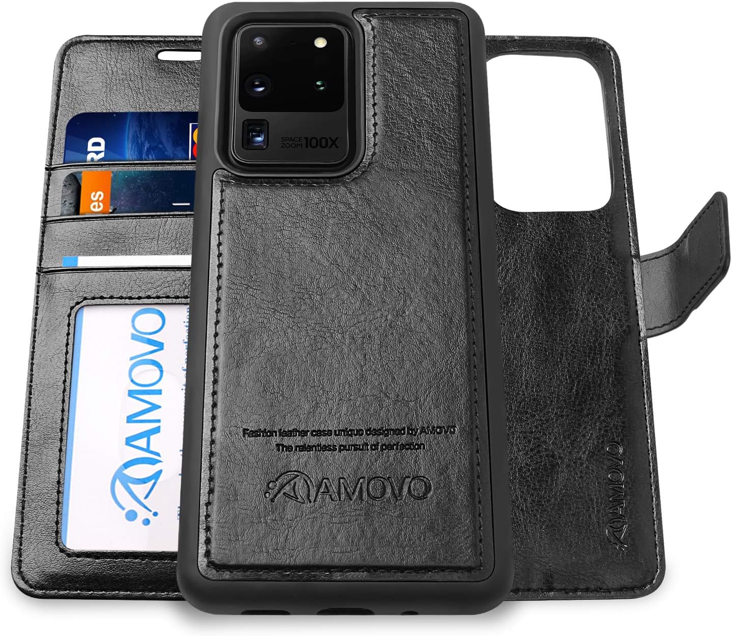 AMOVO Wallet Case Designed for Samsung Galaxy S20 Ultra (2020) Detachable Card Slots Vegan Leather Flip Cover (S20Ultra (6.9'') Black)