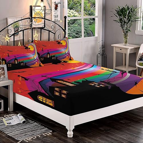 Juego de sábanas decorativas de tamaño individual, juego de sábanas bajeras de Halloween y 2 fundas de almohada (sin sábana plana), mujer bruja