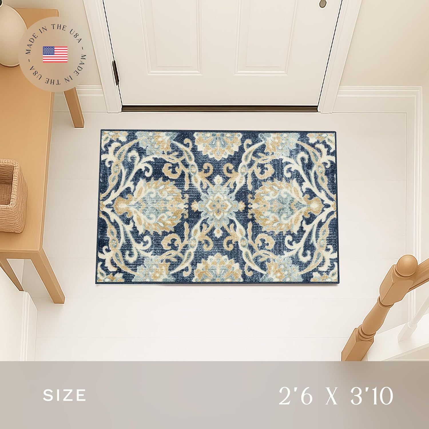 Maples Rugs Blooming Damask Areaw Rugs - Made in USA – Washable, Non Slip Indoor Carpet for Entryway, Foyer, Kitchen, and Bathroom, 46" x 30", Navy/Gold