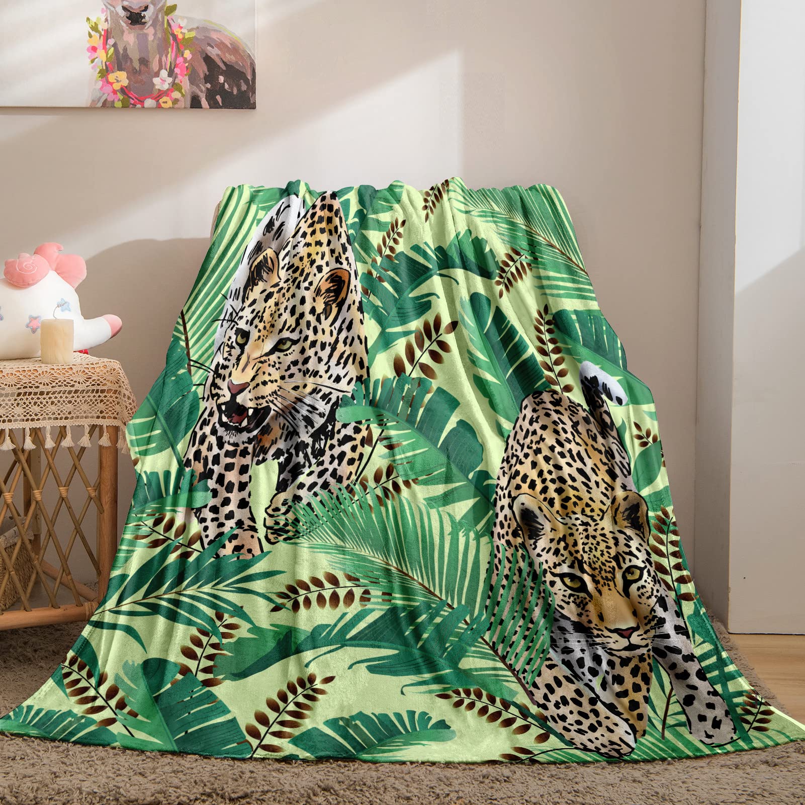 YUANZU Leopard Blanket Throw, Kids Animal Cheetah Tropical Jungle Palm Leaf Print Pattern Soft Cozy Flannel Baby Blanket, Warm Lightweight Plush Throw Couch Sofa Bed Cover, Gifts for Boys 40x50 inch