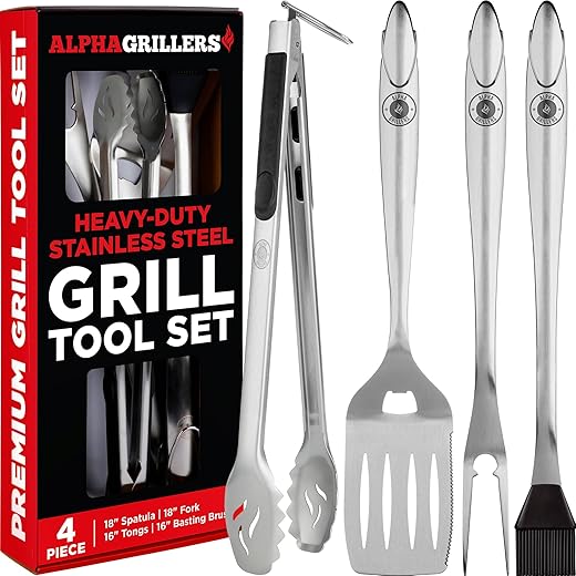 Alpha Grillers Grilling Accessories - BBQ Accessories Grill Set with Spatula, Fork, Brush & Tongs - Outdoor Barbecue Utensils Fathers Day Gift for Dad Husband Men Him Boyfriend